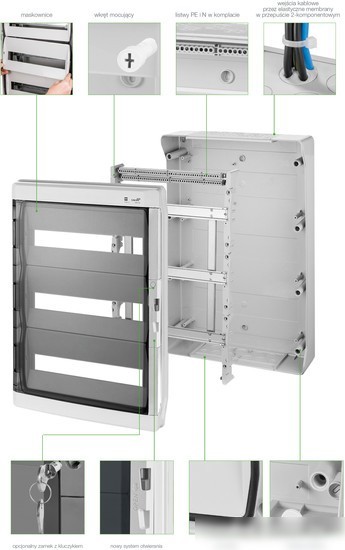 Бокс пластиковый Elektro-Plast GALANT 3x18M, N/PE 6x 10x16+10x10mm2, дымчатая пласт. дверь, светло-серый RAL7035, 638x432x160mm, IP65