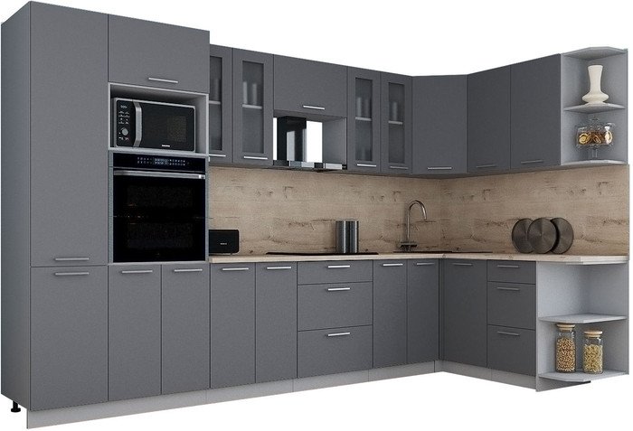 Готовая кухня Интерлиния Мила Gloss 1.68x3.4 правая (серый софт/серый софт/травертин серый)