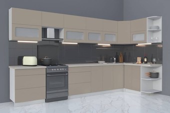 Готовая кухня Интерлиния Мила Матте 1.5x3.8 Б правая (луна-луна-травертин серый)