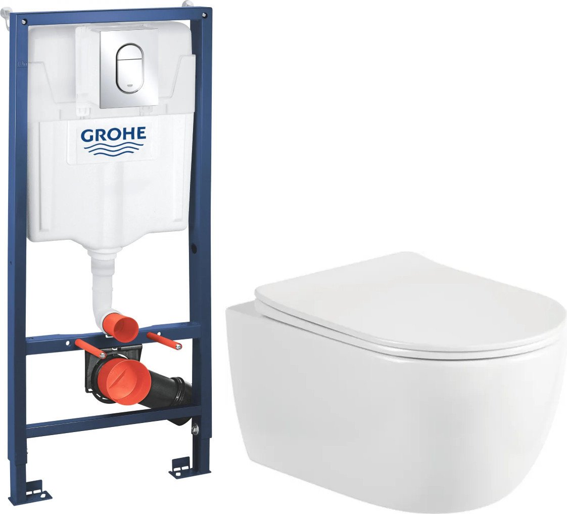 Унитаз подвесной Saniteco Rimless R-209W + GROHE Rapid SL 39504000 (с кнопкой хром глянец)