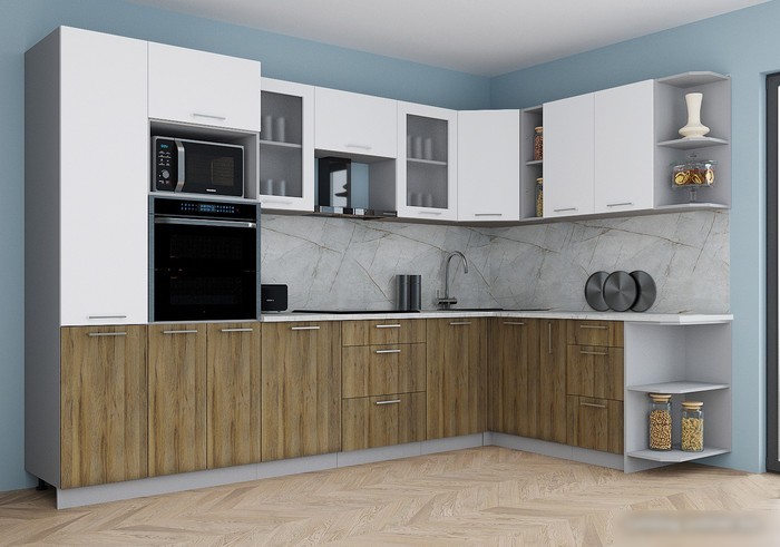 Готовая кухня Интерлиния Мила Gloss 1.88x3.2 правая (белый софт/дуб вотан/травертин серый)