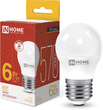 Светодиодная лампочка In Home LED-Шар-VC 6Вт 230В Е27 3000К 570Лм 4690612020525