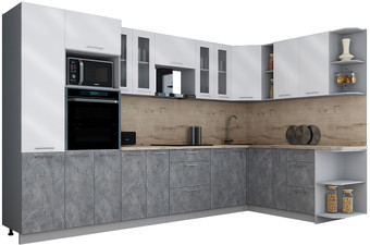 Готовая кухня Интерлиния Мила Gloss 1.88x3.4 правая (белый глянец/керамика/травертин серый)