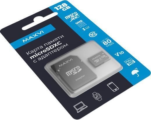 Карта памяти Maxvi microSDXC 128GB MSD128GBC10V10 (с адаптером)