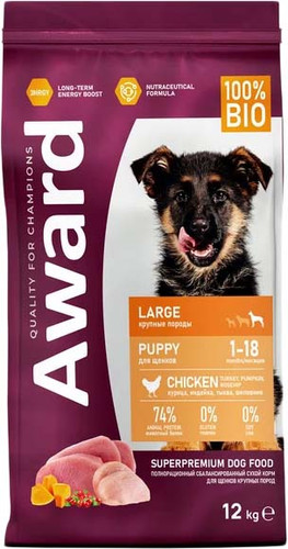 Сухой корм для собак Award Puppy Large для щенков крупных пород с курицей, индейкой с добавлением тыквы и шиповника 12 кг