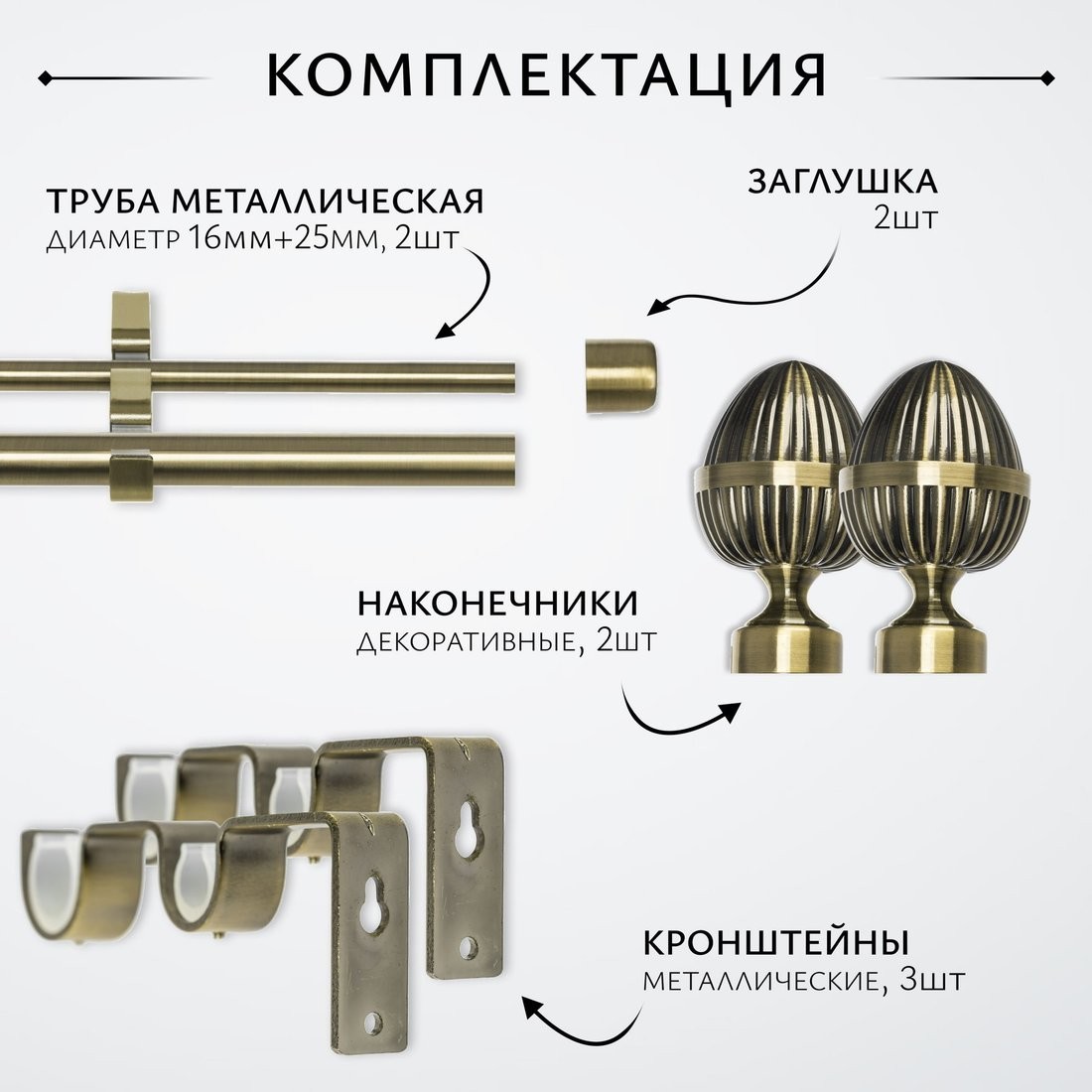 Карниз для штор Sundays Home Лайт Одеон 25мм+16мм двухрядный (антик, 1.6м)
