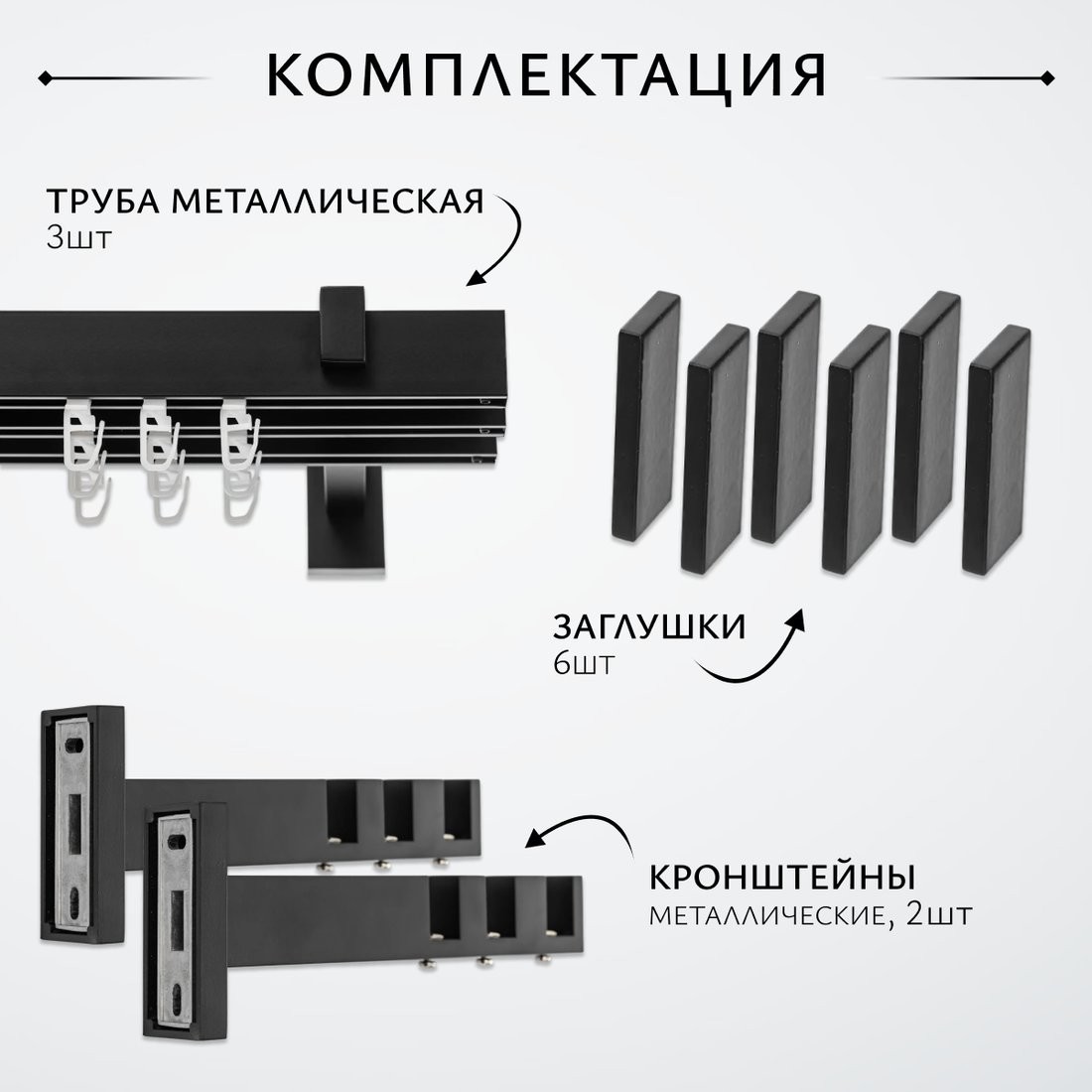 Карниз для штор Sundays Home Флэт Лайн Изи тройной (заглушка, черный матовый, 2м)
