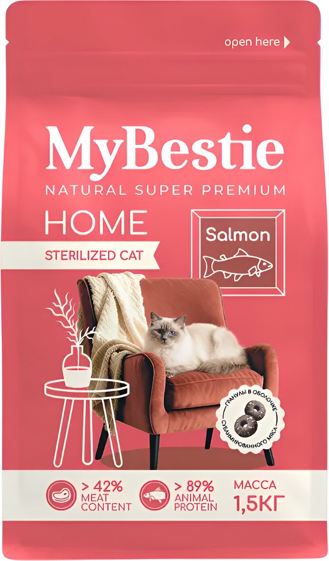 Сухой корм для кошек MyBestie Home Sterilized с лососем (1.5 кг)