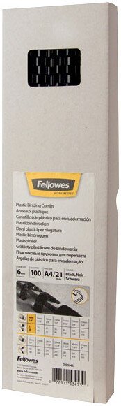 Пластиковая пружина для переплета Fellowes 6 мм., 100 шт., шаг 14.28, 21 кольцо (черный) FS-53453