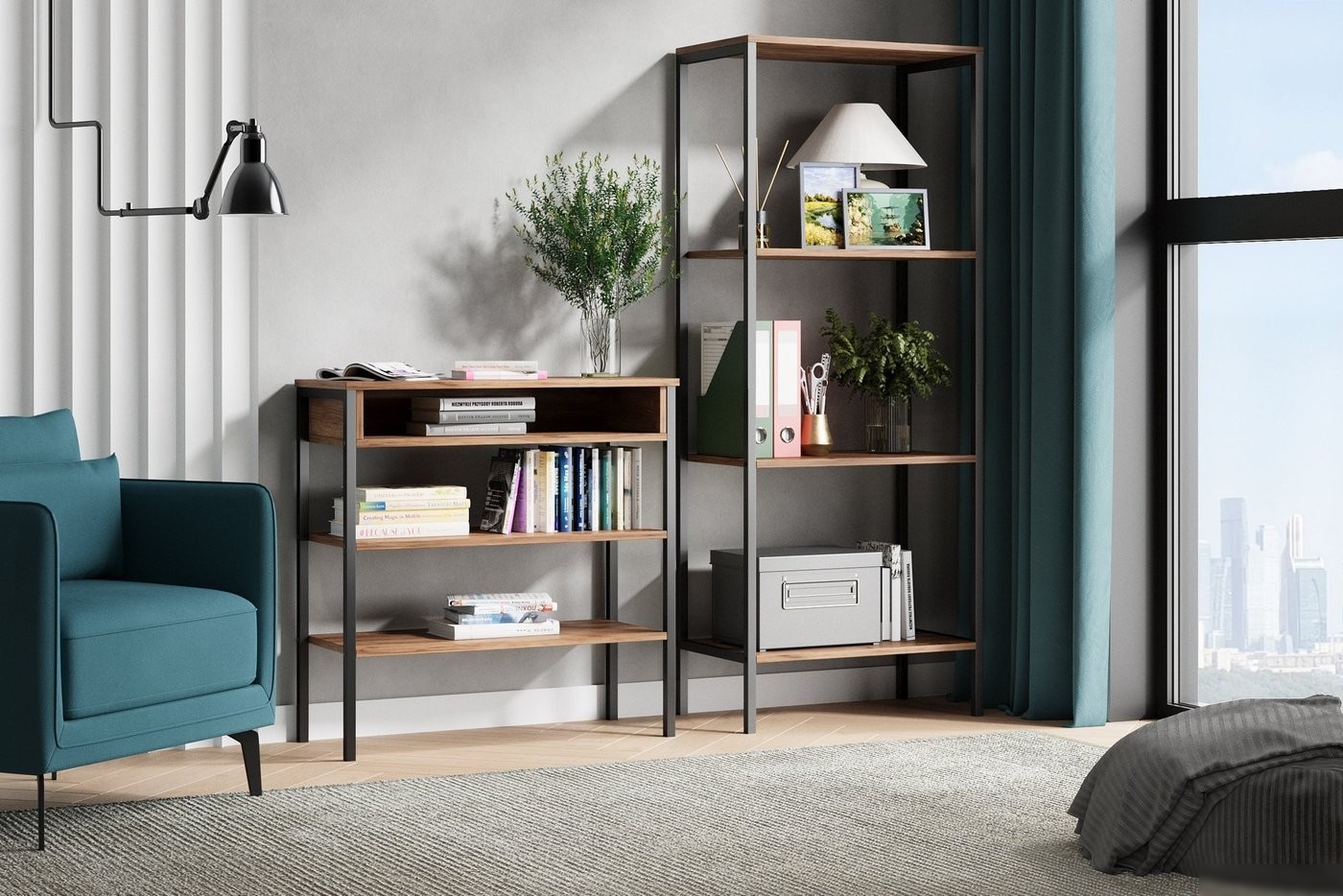 Стеллаж Mio Tesoro Mila Loft (дуб золотой крафт/черный)