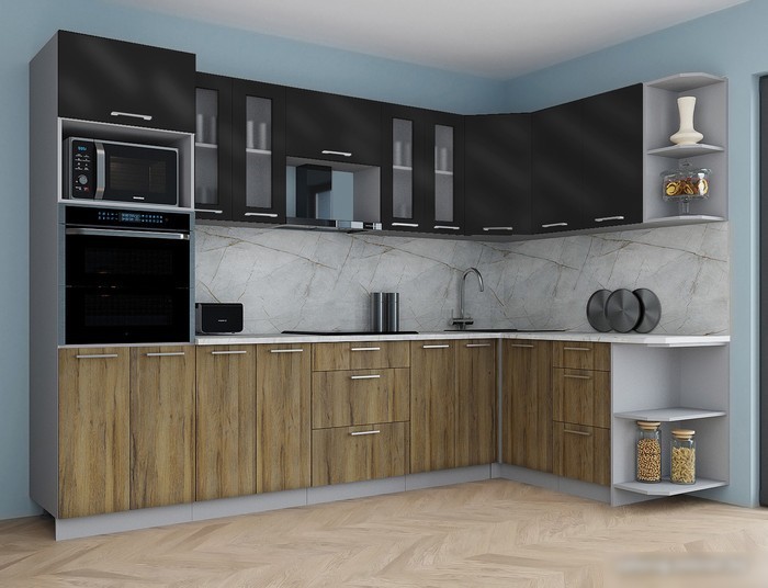 Готовая кухня Интерлиния Мила Gloss 1.68x3.0 правая (черный глянец/дуб вотан/травертин серый)