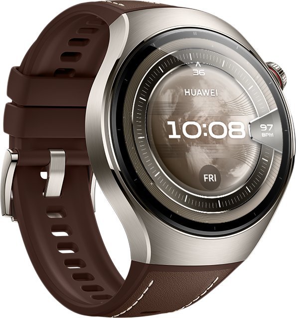 Умные часы Huawei Watch 5 46 мм (титановый, с коричневым силиконовым ремешком, международная версия)