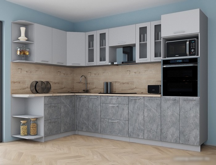 Готовая кухня Интерлиния Мила Gloss 1.68x3.0 левая (пепел софт/керамика/травертин серый)