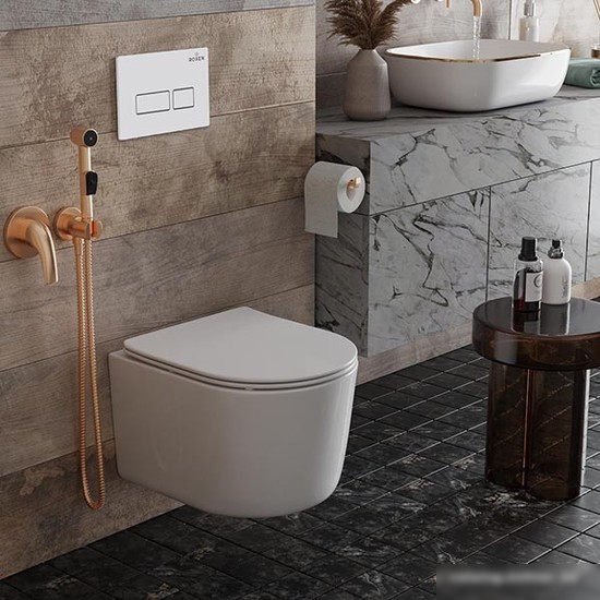 Унитаз подвесной Roxen Simple Compact в комплекте с инсталляцией StounFix Slim 6 в 1 920247 (кнопка: белый глянец)