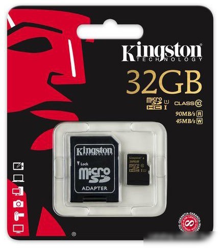 Карта памяти Kingston microSDHC UHS-I (Class 10) 32GB + SD адаптер (SDCA10/32GB)
