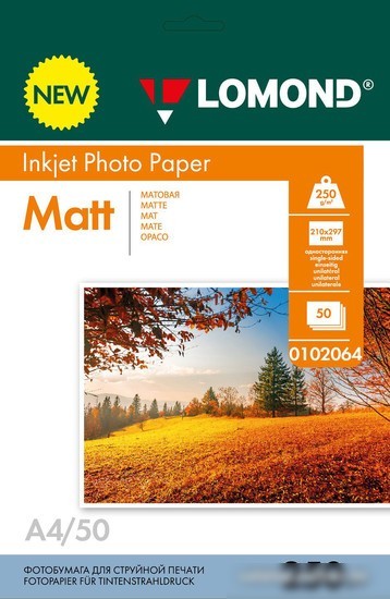 Фотобумага Lomond односторонняя матовая А4 250 г/м2 50 л 0102064 Фотобумага Lomond односторонняя матовая А4 250 г/м2 50 л 0102064