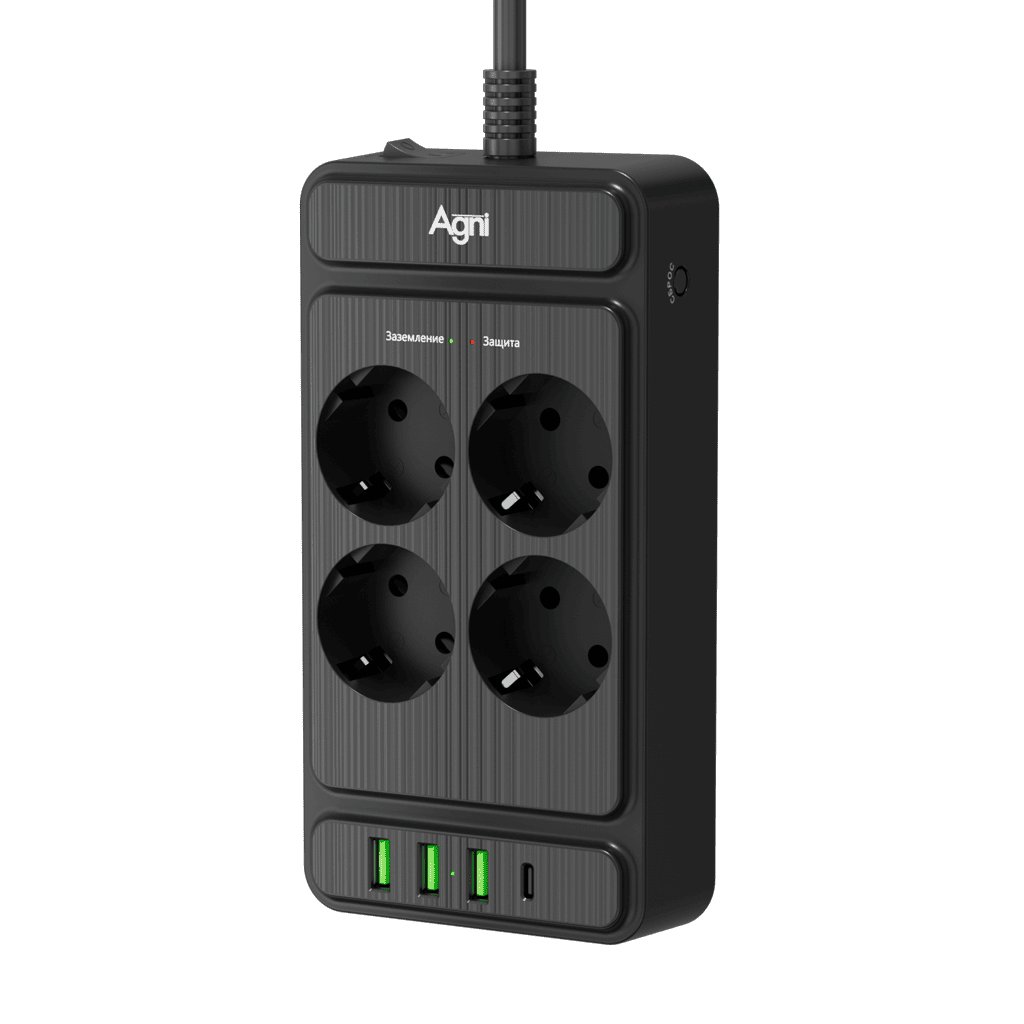 Сетевой фильтр Agni TP-FS4U4E-PD-2m-black (2м, 4 розетки, черный)