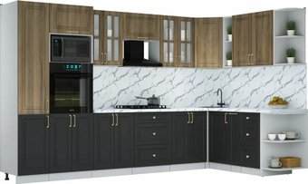 Готовая кухня Интерлиния Мила Шато 1.88x3.4 ВТ PR (дуб вотан/черный/белый гранит)