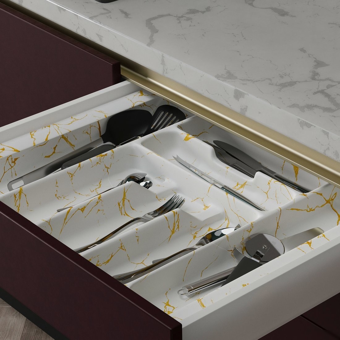 Лоток для столовых приборов AKS 700 Marble 635x485 (бело-золотой мрамор)