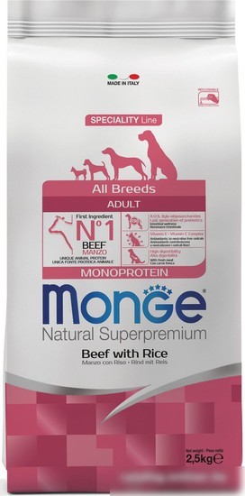 Сухой корм для собак Monge All Breeds Adult Monoprotein Beed with Rice (для всех пород с говядиной и рисом) 2.5 кг