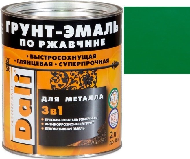 Грунт-эмаль Dali По ржавчине 3 в 1, 2 л (зеленый, RAL 6029)