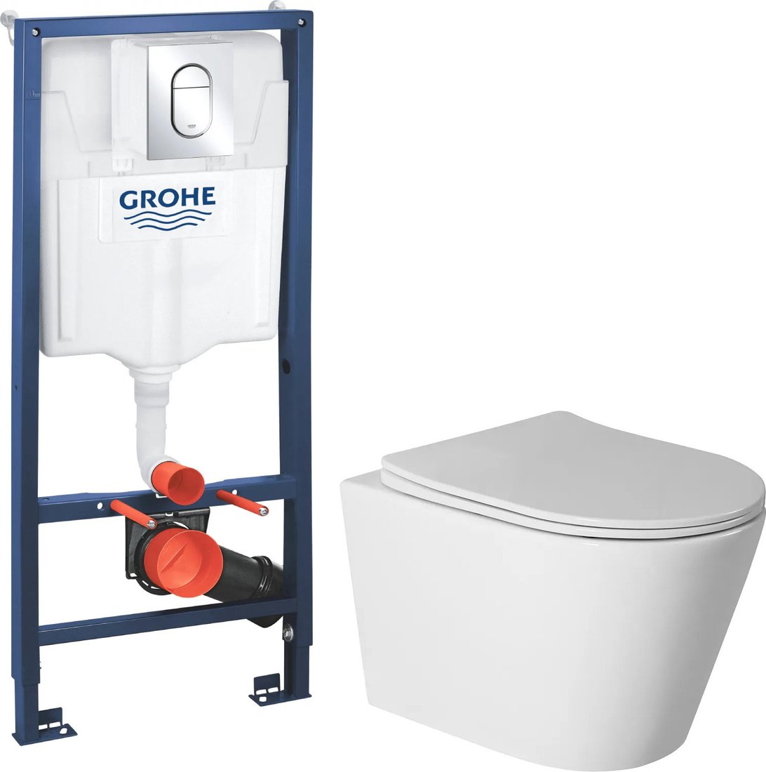 Унитаз подвесной Saniteco Rimless R-201W + GROHE Rapid SL 39504000 (с кнопкой хром глянец)