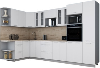 Готовая кухня Интерлиния Мила Gloss 1.68x3.4 левая (белый софт/белый софт/травертин серый)