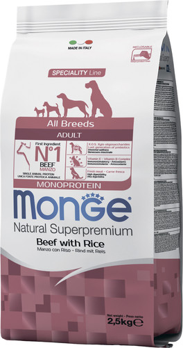 Сухой корм для собак Monge All Breeds Adult Monoprotein Beed with Rice (для всех пород с говядиной и рисом) 2.5 кг