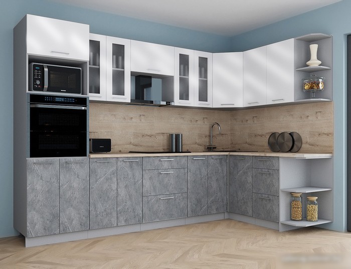 Готовая кухня Интерлиния Мила Gloss 1.68x3.0 правая (белый глянец/керамика/травертин серый)
