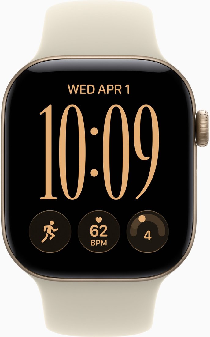 Умные часы Apple Watch Series 12 42 мм (алюминиевый корпус, светлое золото/песочный, спортивный силиконовый ремешок S/M)