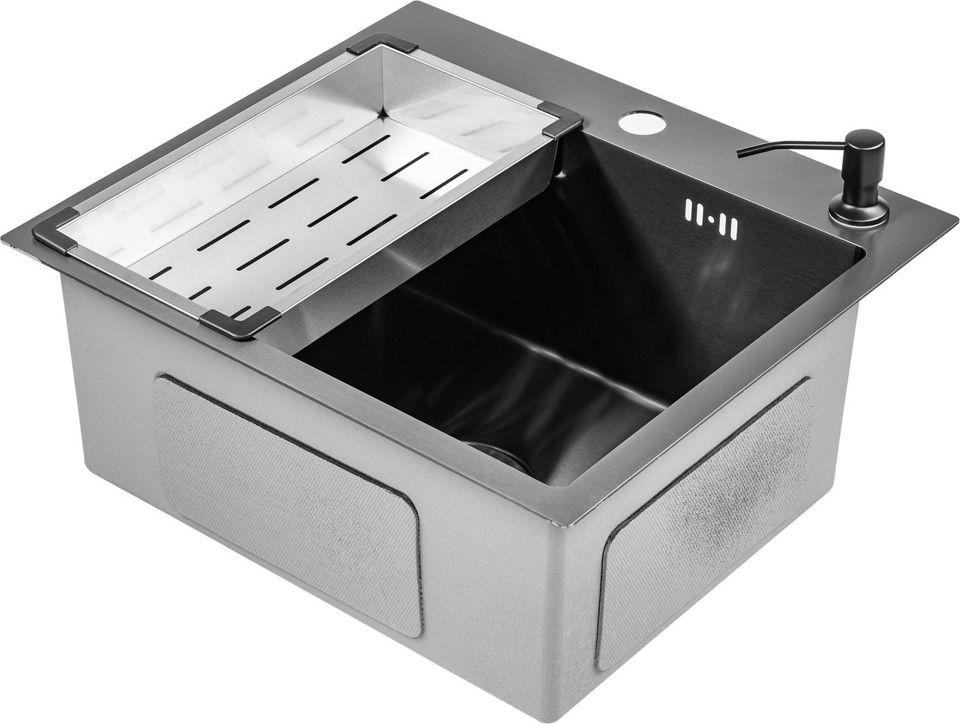 Кухонная мойка Saniteco 5045 Nano + Spike F9S07000 (хром, с сифоном, дозатором и коландером)