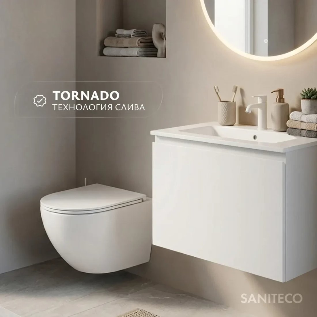 Унитаз подвесной Saniteco Rimless R-203M + 501 + K02-W (с кнопкой, белый)