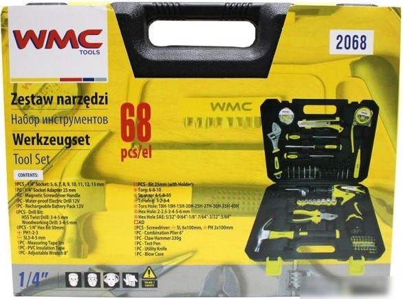 Дрель-шуруповерт WMC Tools 2068 (с 2-мя АКБ, кейс, набор оснастки)