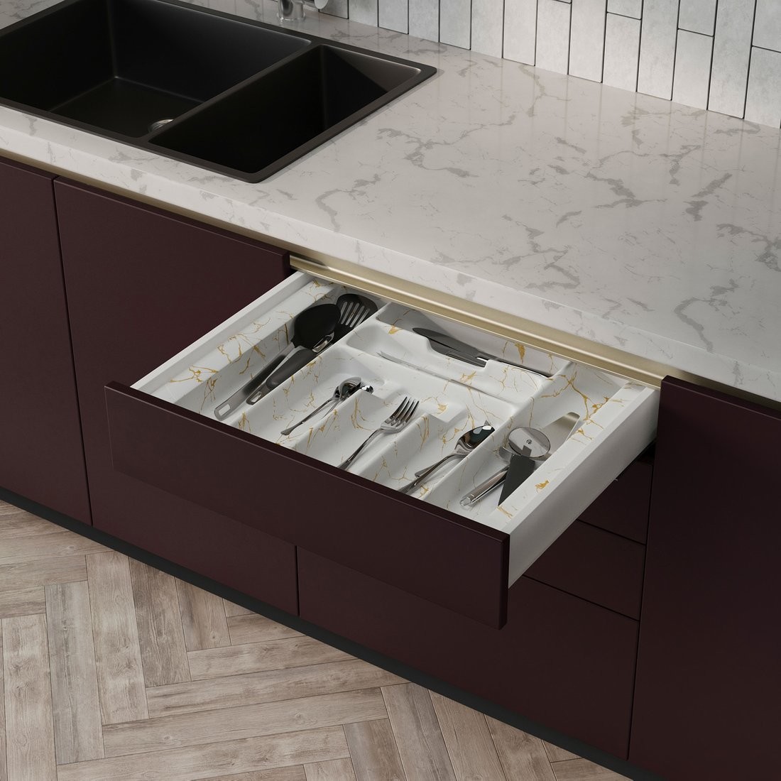 Лоток для столовых приборов AKS 700 Marble 635x485 (бело-золотой мрамор)
