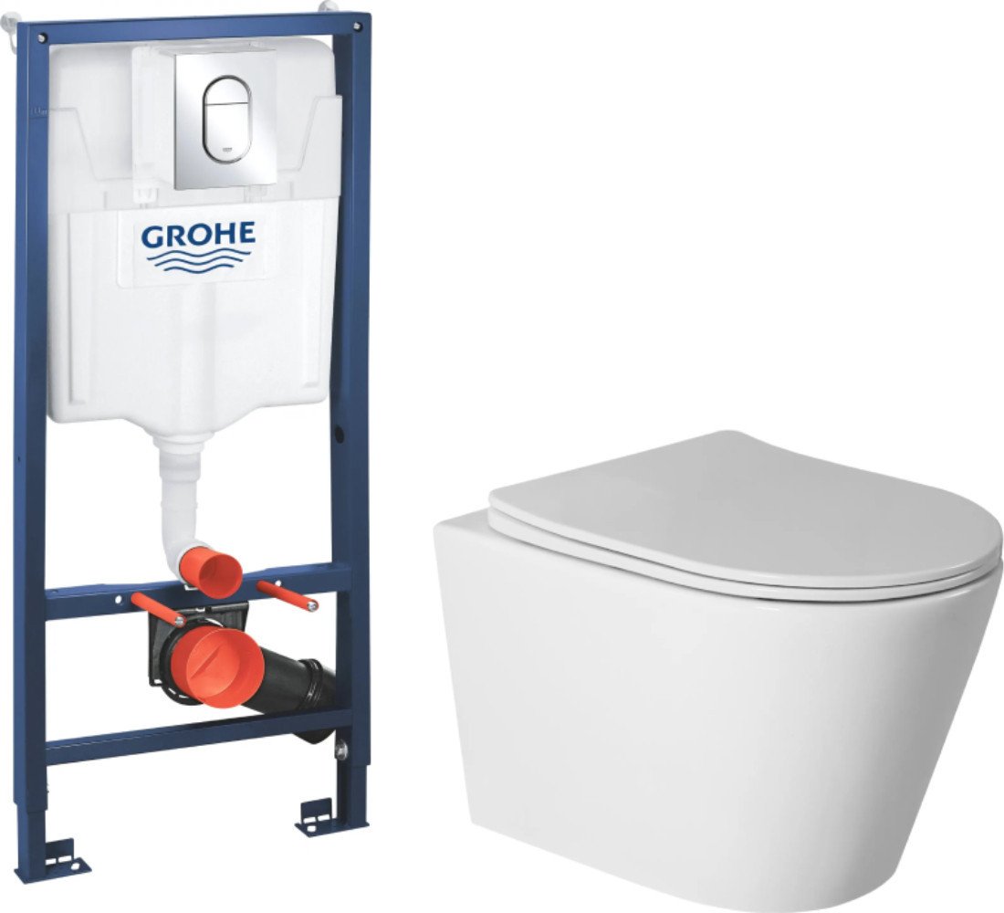 Унитаз подвесной Saniteco Torando T-201W + GROHE Rapid SL 39504000 (с кнопкой хром глянец)