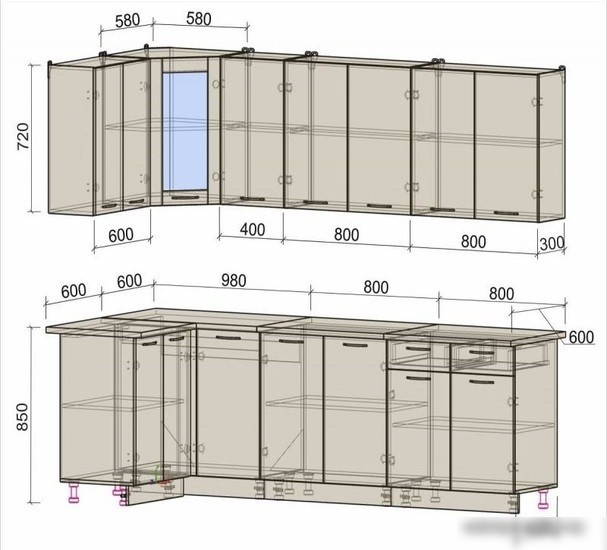 Готовая кухня Интерлиния Мила 12x26 (дуб золотой-бетон-дуб бунратти)