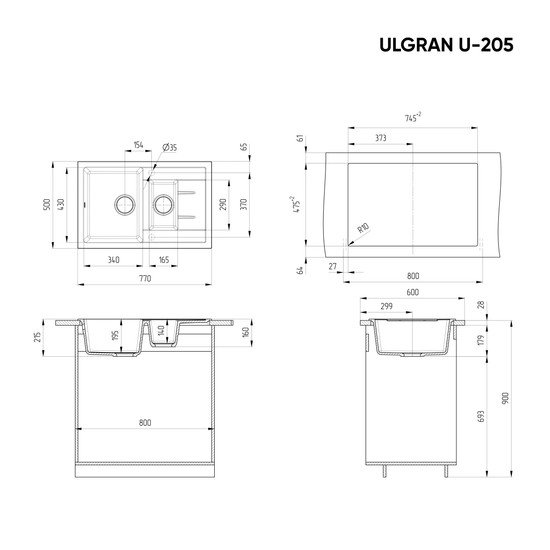 Кухонная мойка Ulgran U-205 (ультра-черный)