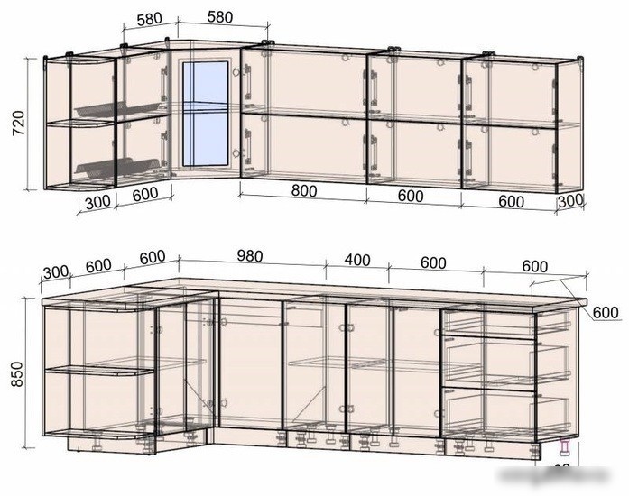 Готовая кухня Интерлиния Мила Матте 1.5x2.6 А правая (луна-луна-травертин серый)