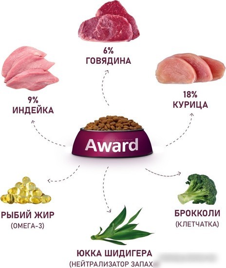 Сухой корм для кошек Award Adult Indoor Big Сats (для крупных пород с говядиной и курицей с добавлением брокколи и Юкки Шидигера) 10 кг