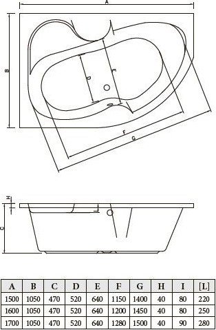 Ванна Bonito Home Arizona 170x105 L BH-AR-102-170L/Su+BH-AR-170L (с ножками и экраном)