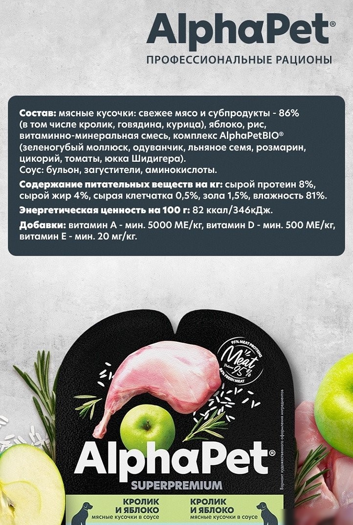 Консервированный корм для собак AlphaPet Superpremium кролик и яблоко мясные кусочки в соусе 211002 15x100 г