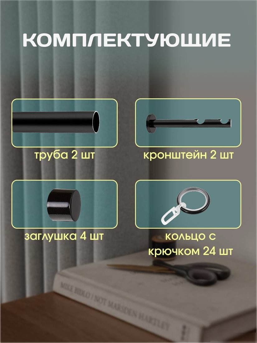 Карниз для штор Sundays Home Модерн 19мм+19мм двухрядный (цельный, черный матовый, 1.2м)