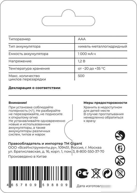 Аккумулятор Gigant ААA 1000 мАч (2 шт)