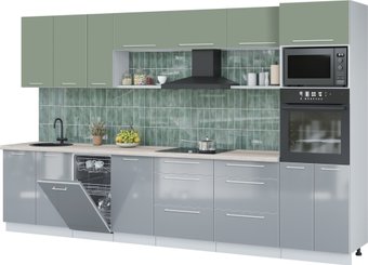Готовая кухня Интерлиния Пластик 3.0-ПМ3 (туманный глянец/полынь/травертин серый)