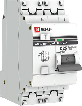 Дифференциальный автомат EKF PROxima АД-32 1P+N 25А30мА DA32-25-30-a-pro