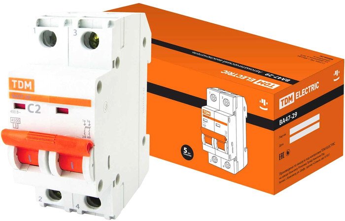 Выключатель автоматический TDM Electric ВА 47-29 2Р 2А (C) 4.5кА SQ0206-0085
