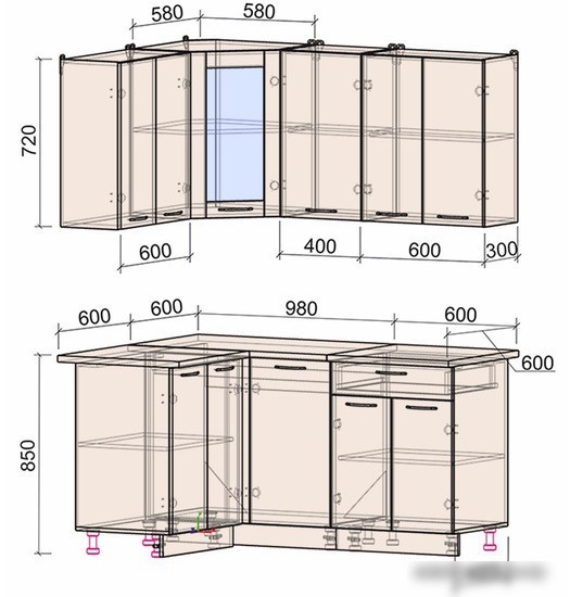 Готовая кухня Интерлиния Мила 12x16 (бетон-антрацит-травертин)