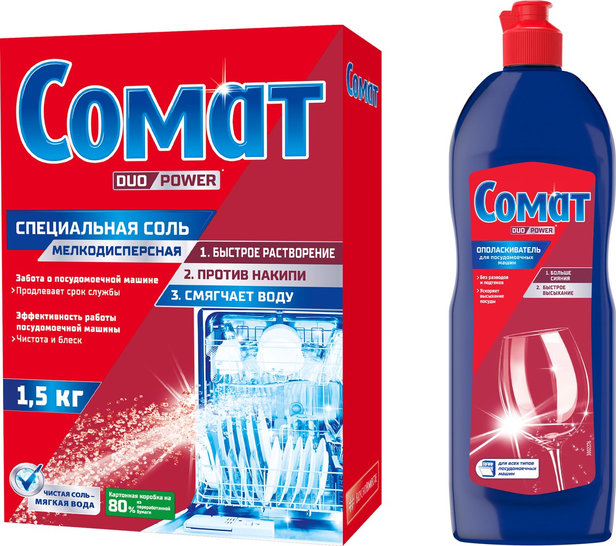 Набор чистящих средств Somat Соль 1.5 кг + Ополаскиватель 750 мл