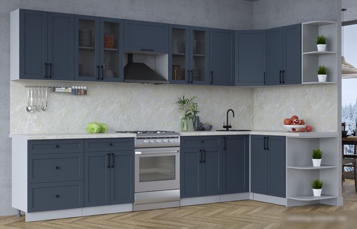 Готовая кухня Интерлиния Тренд 1.5x3.4 правая (индиго/индиго/опал светлый)