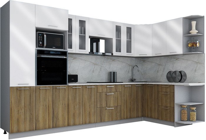 Готовая кухня Интерлиния Мила Gloss 1.68x3.4 правая (белый глянец/дуб вотан/травертин серый)